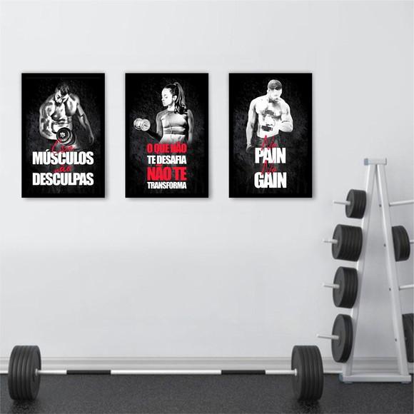 Kit Quadros Decorativos Academia Musculação Fitness Moldura