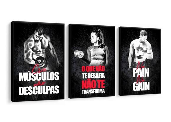 Kit Quadros Decorativos Academia Musculação Fitness Moldura