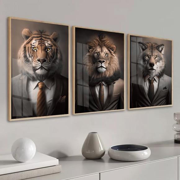 Kit Quadros Decorativos Animais Motivacional Moldura e Vidro