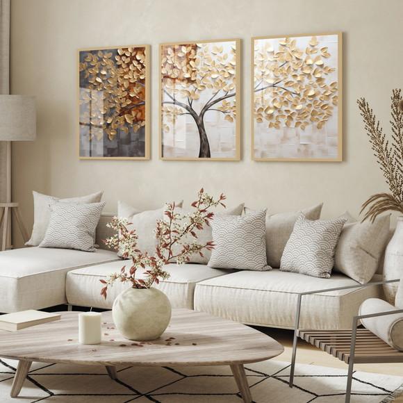 Kit Quadros Decorativos Arvore Folhagem Abstrato com Vidro