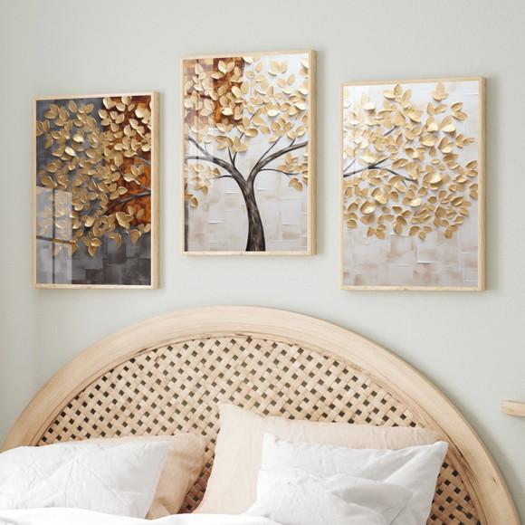 Kit Quadros Decorativos Arvore Folhagem Abstrato com Vidro