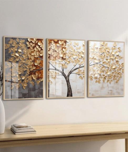 Kit Quadros Decorativos Arvore Folhagem Abstrato com Vidro