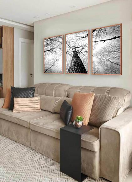 Kit Quadros Decorativos Arvore Galhos Preto e Branco Moldura