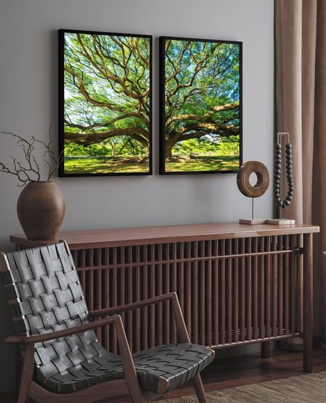 Kit Quadros Decorativos Arvore Verde Galhos Paisagem Moldura