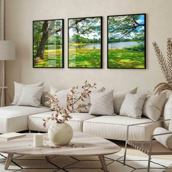 Kit Quadros Decorativos Arvore Verde Paisagem Vidro Moldura