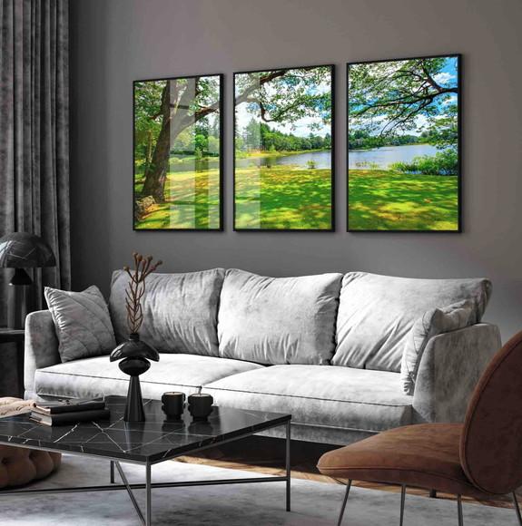 Kit Quadros Decorativos Arvore Verde Paisagem Vidro Moldura