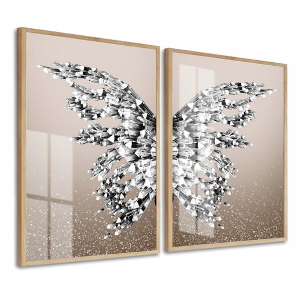Kit Quadros Decorativos Asa Prata Borboleta com Vidro 60x80