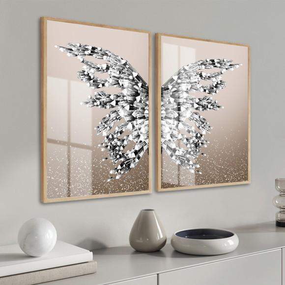 Kit Quadros Decorativos Asa Prata Borboleta com Vidro 60x80