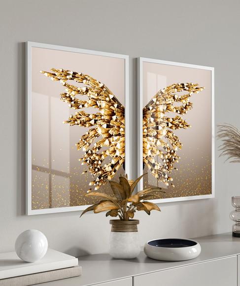 Kit Quadros Decorativos Borboleta Dourada Com Moldura Vidro