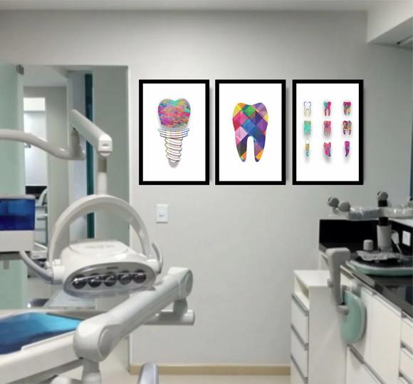 Kit Quadros Decorativos Consultório Dentista Moderno Moldura
