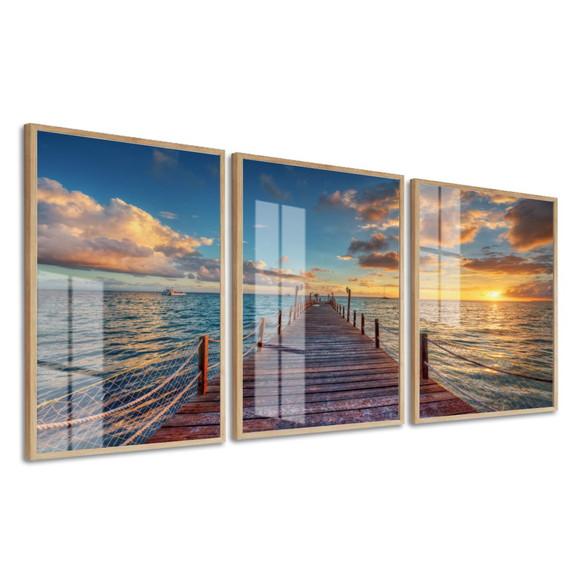 Kit Quadros Decorativos Deck Mar Paisagem Moldura e Vidro