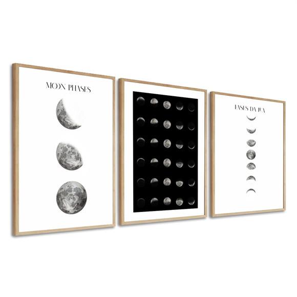 Kit Quadros Decorativos Fases da Lua Preto e Branco Moldura