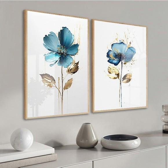 Kit Quadros Decorativos Flor Azul Quarto Sala Moldura Vidro