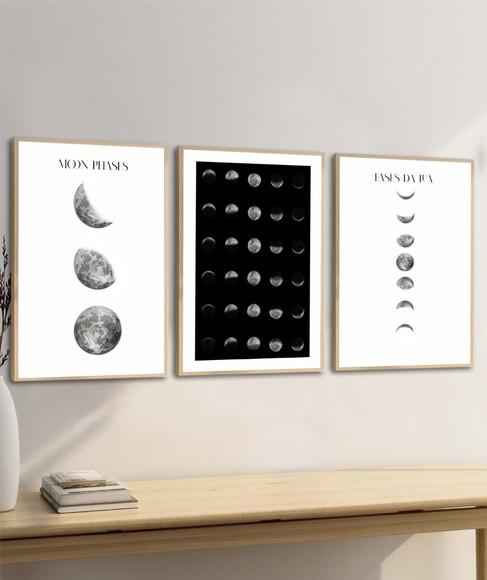 Kit Quadros Decorativos Fases da Lua Preto e Branco Moldura