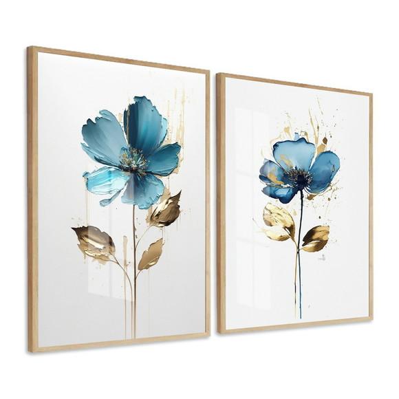 Kit Quadros Decorativos Flor Azul Quarto Sala Moldura Vidro