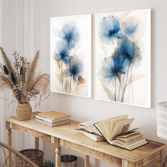 Kit Quadros Decorativos Floral Azul Sala Luxo Moldura Vidro