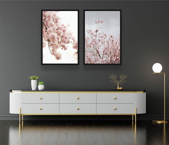 Kit Quadros Decorativos Flor De Cerejeira Para Sala Moldura