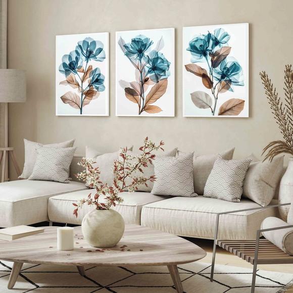 Kit Quadros Decorativos Flores Azul Luxo Moderno com Moldura