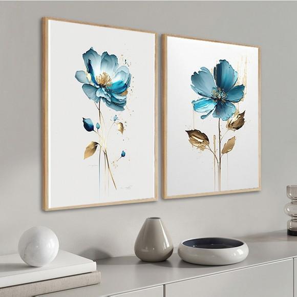 Kit Quadros Decorativos Flores Azul Gold Quarto Sala Moldura