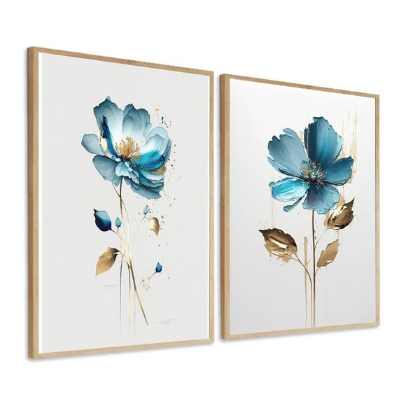 Kit Quadros Decorativos Flores Azul Gold Quarto Sala Moldura