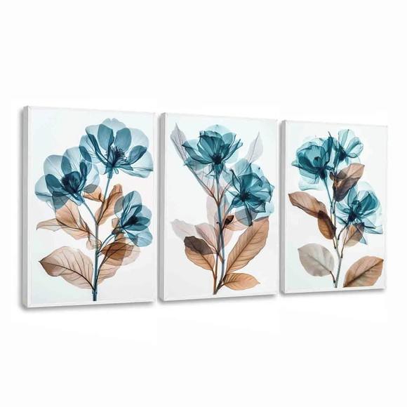 Kit Quadros Decorativos Flores Azul Luxo Moderno com Moldura