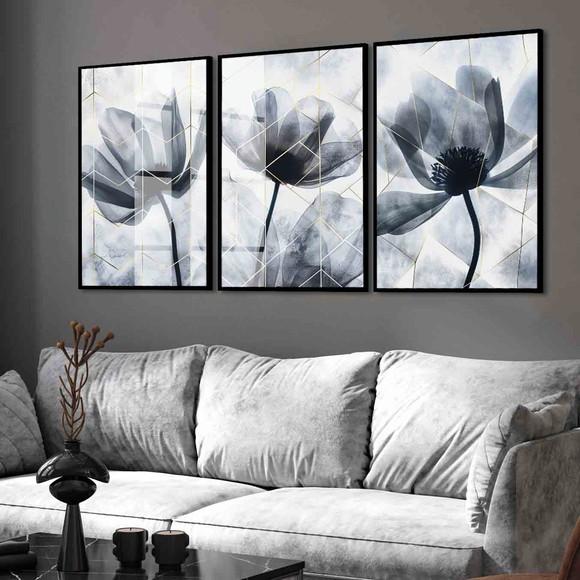 Kit Quadros Decorativos Flores Azul Moderno Moldura e Vidro