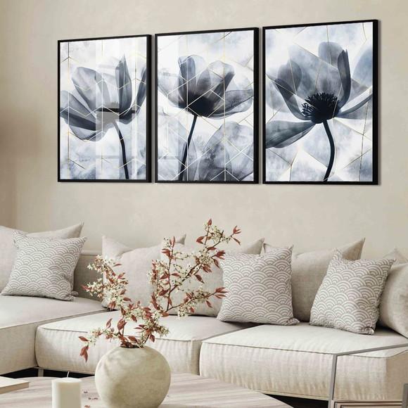 Kit Quadros Decorativos Flores Azul Moderno Moldura e Vidro