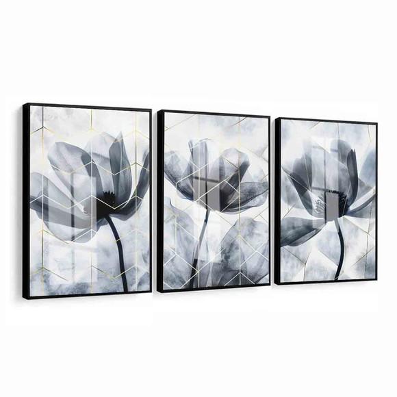 Kit Quadros Decorativos Flores Azul Moderno Moldura e Vidro