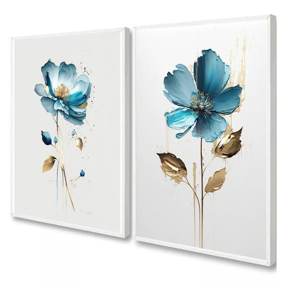 Kit Quadros Decorativos Flores Azul para Quarto Sala Moldura