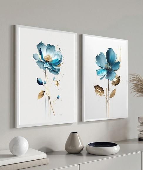 Kit Quadros Decorativos Flores Azul para Quarto Sala Moldura