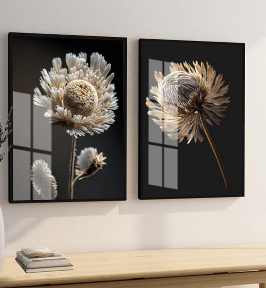 Kit Quadros Decorativos Flores Brancas com Moldura e Vidro