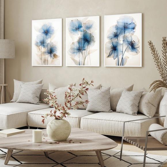 Kit Quadros Decorativos Flores Azul Sala Hall Luxo com Vidro