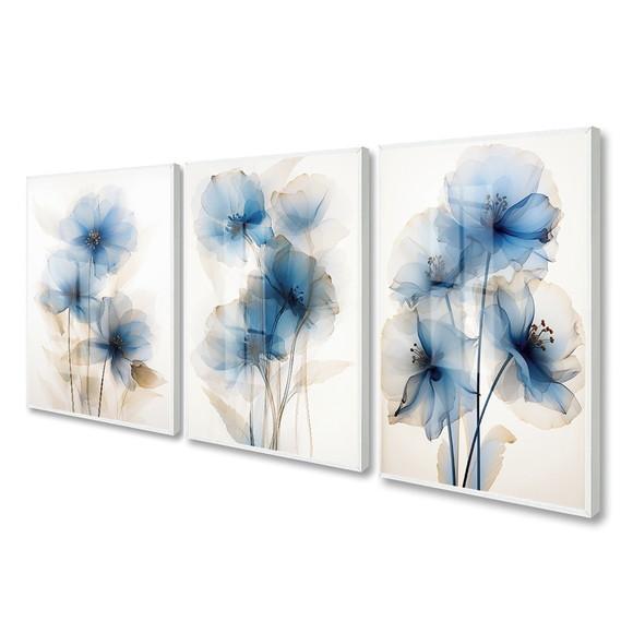 Kit Quadros Decorativos Flores Azul Sala Hall Luxo com Vidro