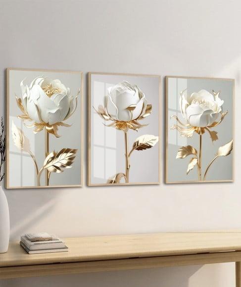 Kit Quadros Decorativos Flores Brancas e Douradas com Vidro