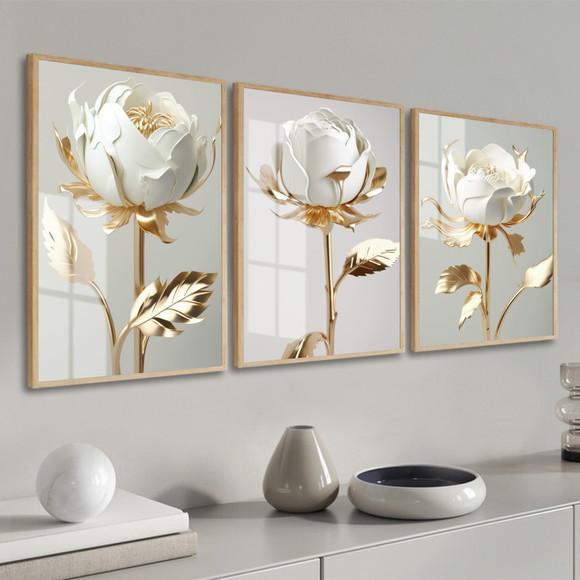 Kit Quadros Decorativos Flores Brancas e Douradas com Vidro