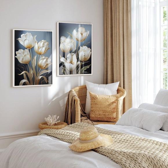 Kit Quadros Decorativos Flores Brancas Gold Luxo com Vidro