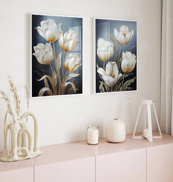 Kit Quadros Decorativos Flores Brancas Gold Luxo com Vidro