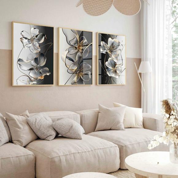 Kit Quadros Decorativos Flores Dourada Preto Luxo com Vidro