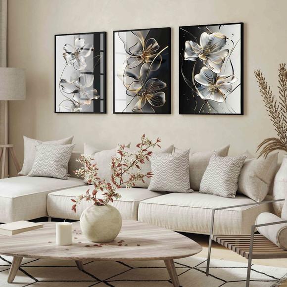Kit Quadros Decorativos Flores Dourada Preto Luxo com Vidro
