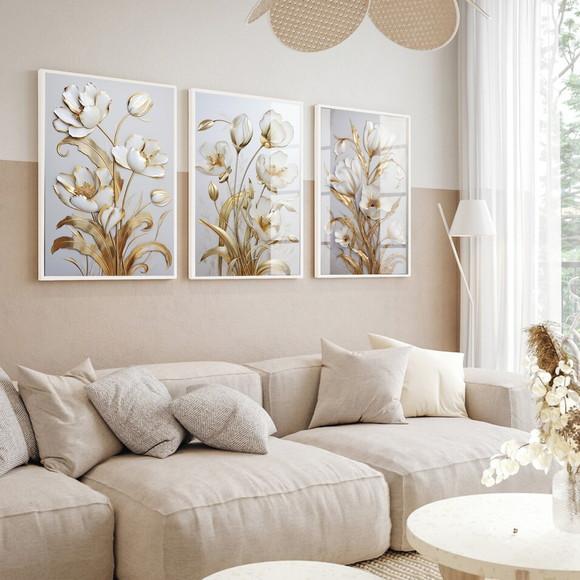 Kit Quadros Decorativos Flores Douradas Gold Luxo com Vidro