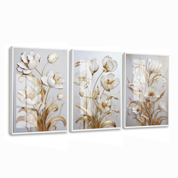 Kit Quadros Decorativos Flores Douradas Gold Luxo com Vidro