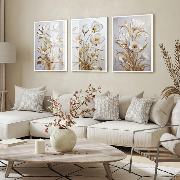 Kit Quadros Decorativos Flores Douradas Gold Luxo com Vidro