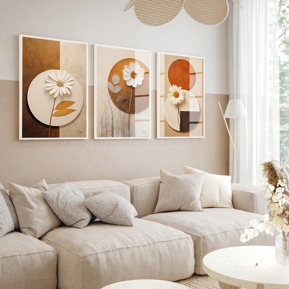 Kit Quadros Decorativos Flores Geométrico Moderno com Vidro