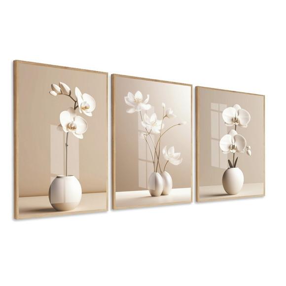 Kit Quadros Decorativos Flores Moderna Bege Moldura e Vidro