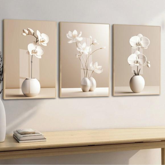 Kit Quadros Decorativos Flores Moderna Bege Moldura e Vidro