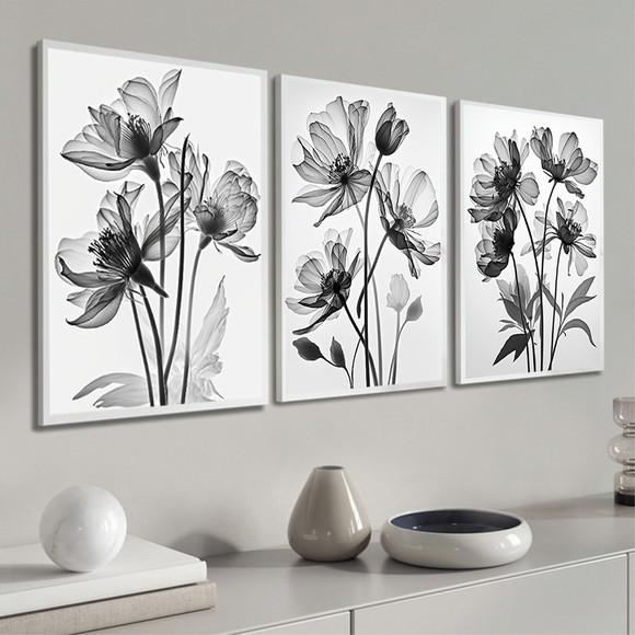Kit Quadros Decorativos Flores Modernas com Moldura e Vidro