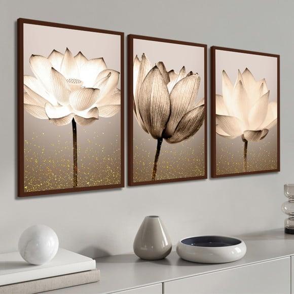 Kit Quadros Decorativos Flores para Sala Quarto com Moldura
