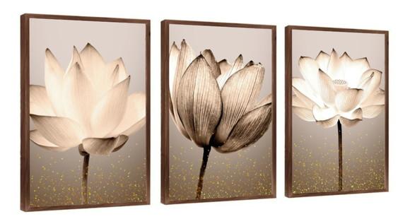 Kit Quadros Decorativos Flores para Sala Quarto com Moldura