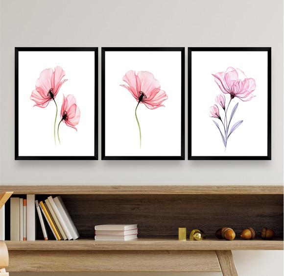Kit Quadros Decorativos Flores Rosa Para Quarto Sala Moldura