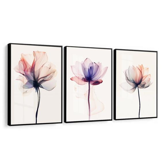 Kit Quadros Decorativos Flores Rosas Moderno Moldura e Vidro